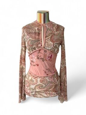 Crazy Y2K Sweet Pea Micro Mesh Bell Sleeve Faux Corset Long Sleeve Top Keyhole